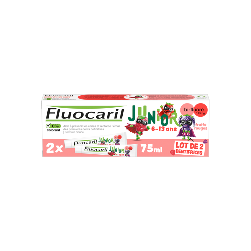 Fluocaril Dentifrice Junior bi-fluoré 145mg fruits rouges lot de 2x75ml